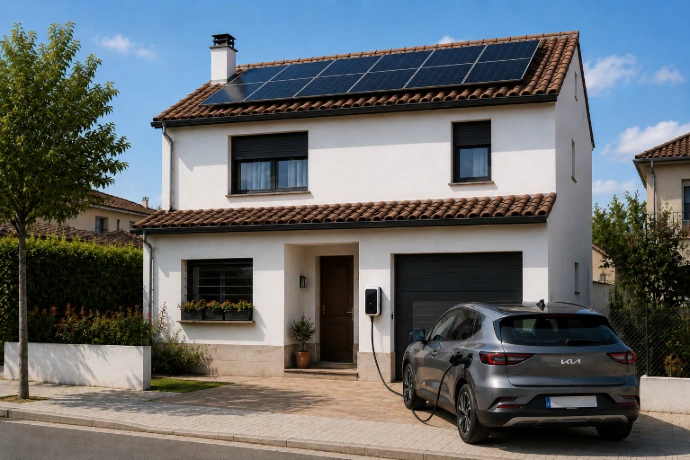 Vivienda con placas solares y punto de recarga de coche eléctrico